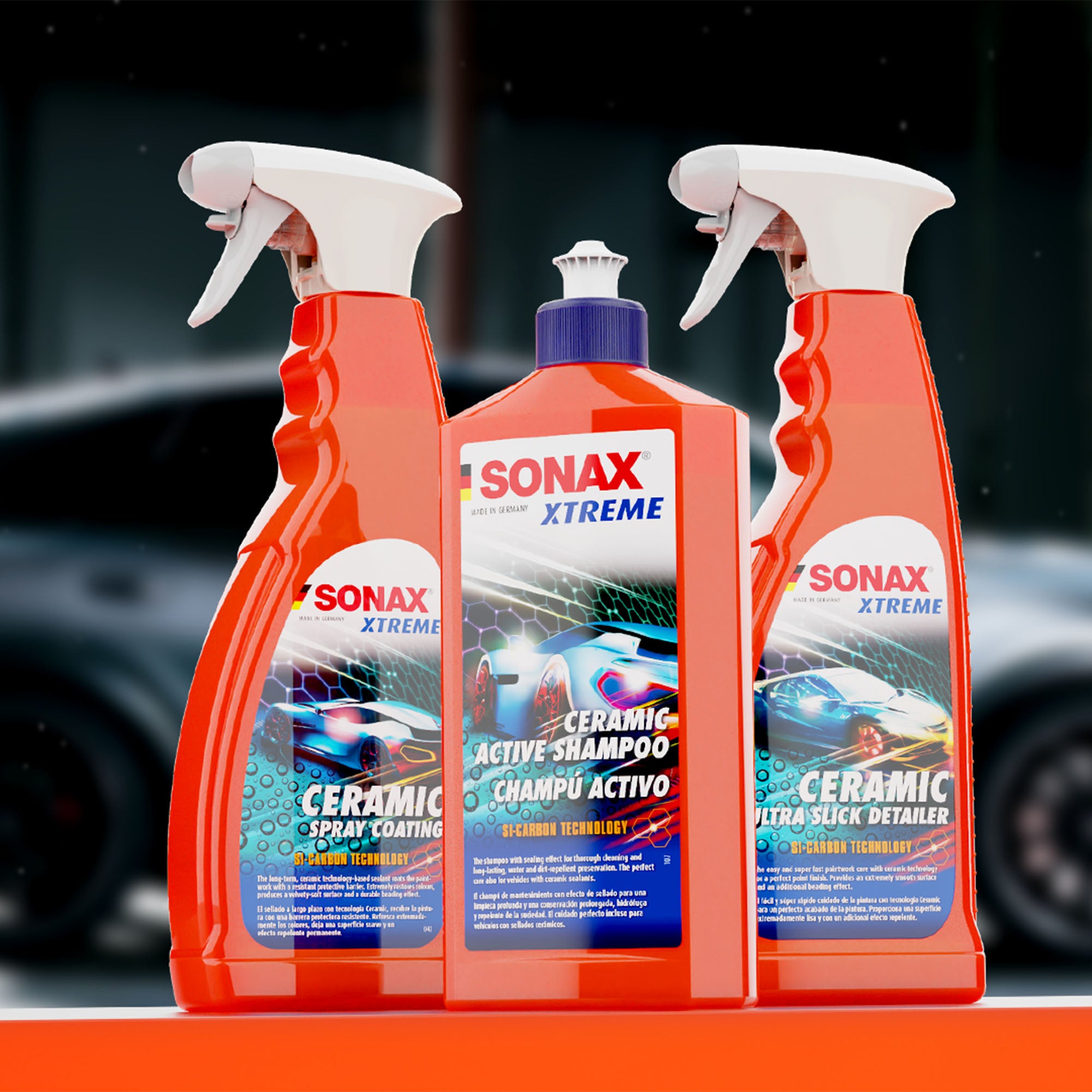 The SONAX Ceramic series, including SONAX Ceramic Active Shampoo, SONAX Ultra Slick Detailer & SONAX Ceramic Spray Coating.